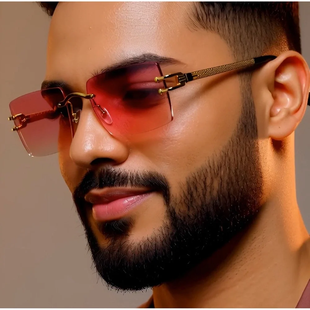 Rimless Rectangle Sunglasses for Women Men Trendy Shades Pink Lens‎ Gold Lentes